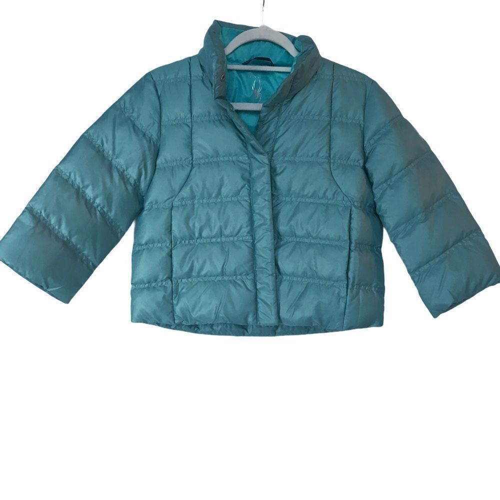 Spyder puffer coat in pretty teal w/silver spider